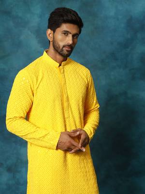Yellow And White Rayon Cotton Kurta Pyjama Set 4