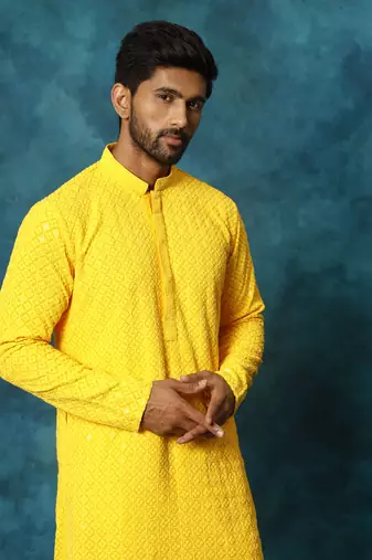 Yellow And White Rayon Cotton Kurta Pyjama Set