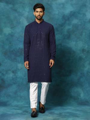 Navy Blue And White Rayon Cotton Kurta Pyjama Set 1