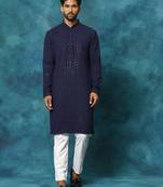 Men'S Navy Blue And White Rayon Cotton Kurta Pyjama Set