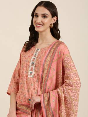 women's round neck floral foil print peach straight kurta and trouser with dupatta 1