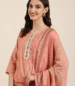 women's round neck floral foil print peach straight kurta and trouser with dupatta