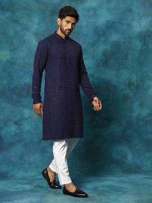 Navy Blue And White Rayon Cotton Kurta Pyjama Set 2