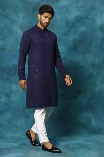 Navy Blue And White Rayon Cotton Kurta Pyjama Set