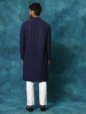 Navy Blue And White Rayon Cotton Kurta Pyjama Set 3