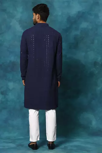 Navy Blue And White Rayon Cotton Kurta Pyjama Set
