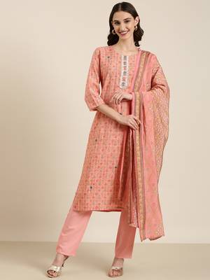 women's round neck floral foil print peach straight kurta and trouser with dupatta 2