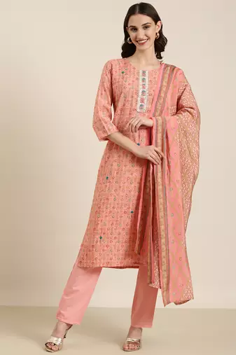women's round neck floral foil print peach straight kurta and trouser with dupatta