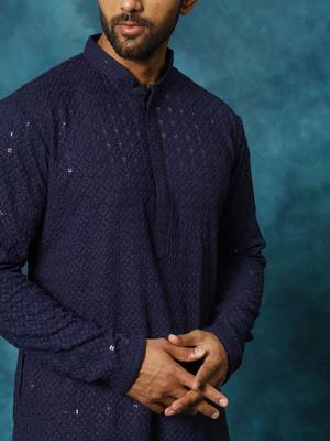 Navy Blue And White Rayon Cotton Kurta Pyjama Set 4