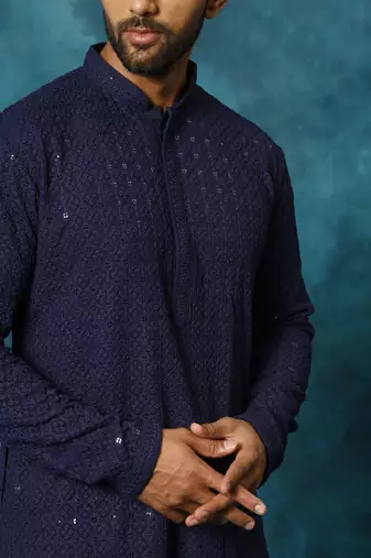 Navy Blue And White Rayon Cotton Kurta Pyjama Set