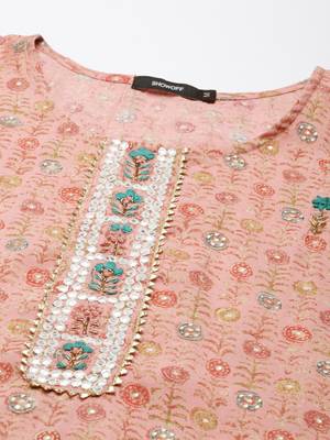 women's round neck floral foil print peach straight kurta and trouser with dupatta 3