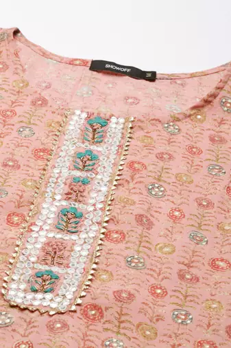 women's round neck floral foil print peach straight kurta and trouser with dupatta