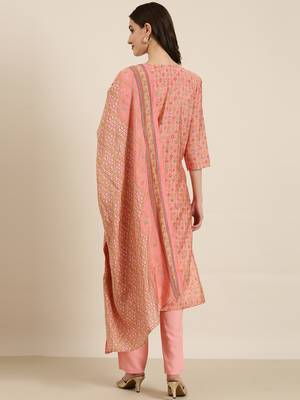 women's round neck floral foil print peach straight kurta and trouser with dupatta 4