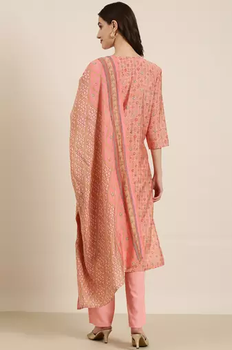 women's round neck floral foil print peach straight kurta and trouser with dupatta