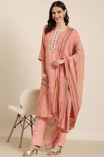 women's round neck floral foil print peach straight kurta and trouser with dupatta