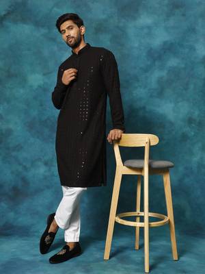 Black And White Rayon Cotton Kurta Pyjama Set 1