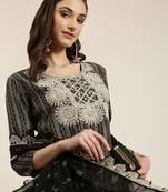 women's round neck chevron black straight kurta and skirt with dupatta