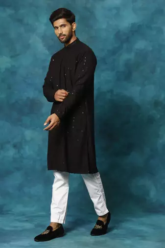 Black And White Rayon Cotton Kurta Pyjama Set