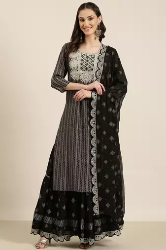 women's round neck chevron black straight kurta and skirt with dupatta