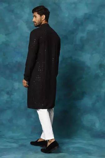 Black And White Rayon Cotton Kurta Pyjama Set