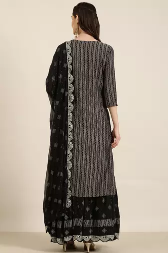 women's round neck chevron black straight kurta and skirt with dupatta