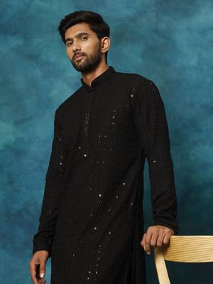 Black And White Rayon Cotton Kurta Pyjama Set 4