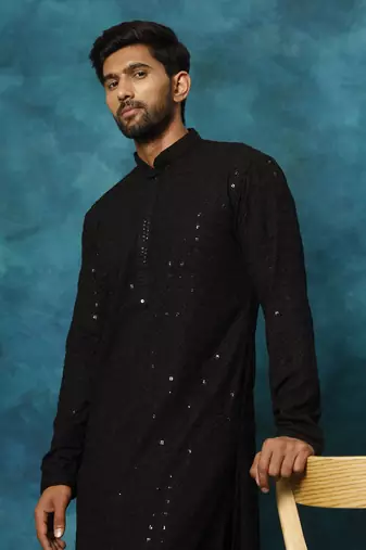 Black And White Rayon Cotton Kurta Pyjama Set