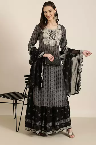 women's round neck chevron black straight kurta and skirt with dupatta