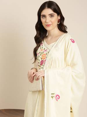women's v-neck textured cream straight kurta and trouser with dupatta 1