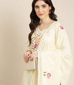 women's v-neck textured cream straight kurta and trouser with dupatta