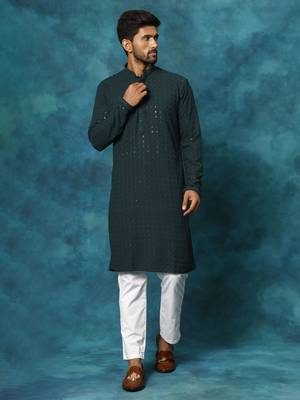 Green And White Rayon Cotton Kurta Pyjama Set 1