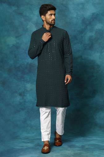 Men'S Green And White Rayon Cotton Kurta Pyjama Set