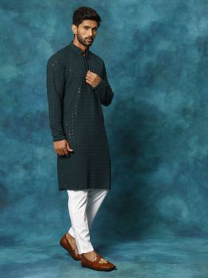 Green And White Rayon Cotton Kurta Pyjama Set 2