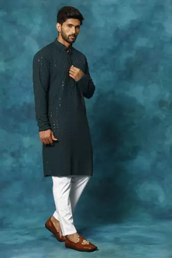 Green And White Rayon Cotton Kurta Pyjama Set
