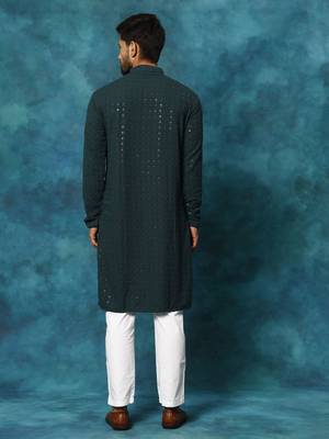 Green And White Rayon Cotton Kurta Pyjama Set 3