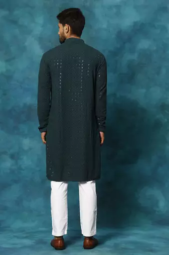 Green And White Rayon Cotton Kurta Pyjama Set