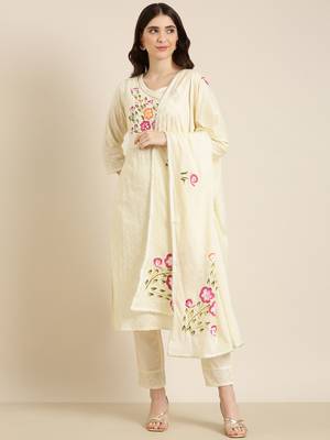 women's v-neck textured cream straight kurta and trouser with dupatta 2