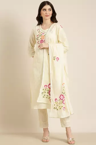 women's v-neck textured cream straight kurta and trouser with dupatta