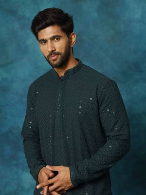 Green And White Rayon Cotton Kurta Pyjama Set 4