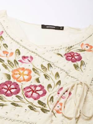 women's v-neck textured cream straight kurta and trouser with dupatta 3