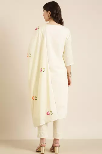 women's v-neck textured cream straight kurta and trouser with dupatta