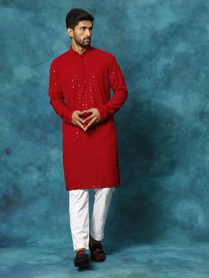 Maroon And White Rayon Cotton Kurta Pyjama Set 1
