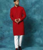 Men'S Maroon And White Rayon Cotton Kurta Pyjama Set