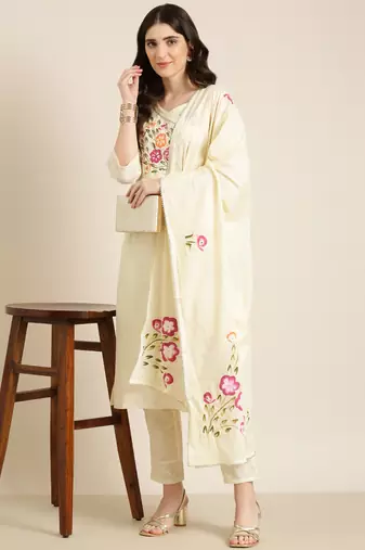 women's v-neck textured cream straight kurta and trouser with dupatta