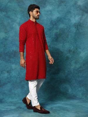 Maroon And White Rayon Cotton Kurta Pyjama Set 2