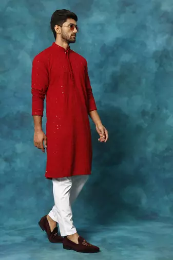 Maroon And White Rayon Cotton Kurta Pyjama Set
