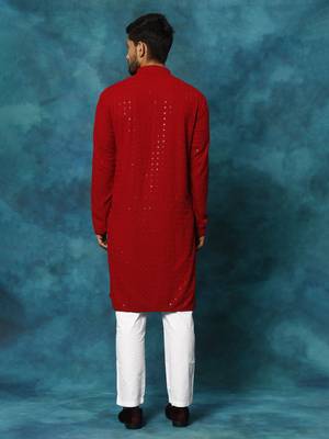 Maroon And White Rayon Cotton Kurta Pyjama Set 3