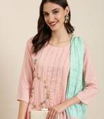 women's round neck solid pink straight kurta and sharara with dupatta