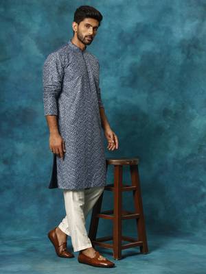 Blue And Cream Rayon Cotton Kurta Pyjama Set 1
