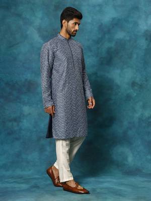 Blue And Cream Rayon Cotton Kurta Pyjama Set 2